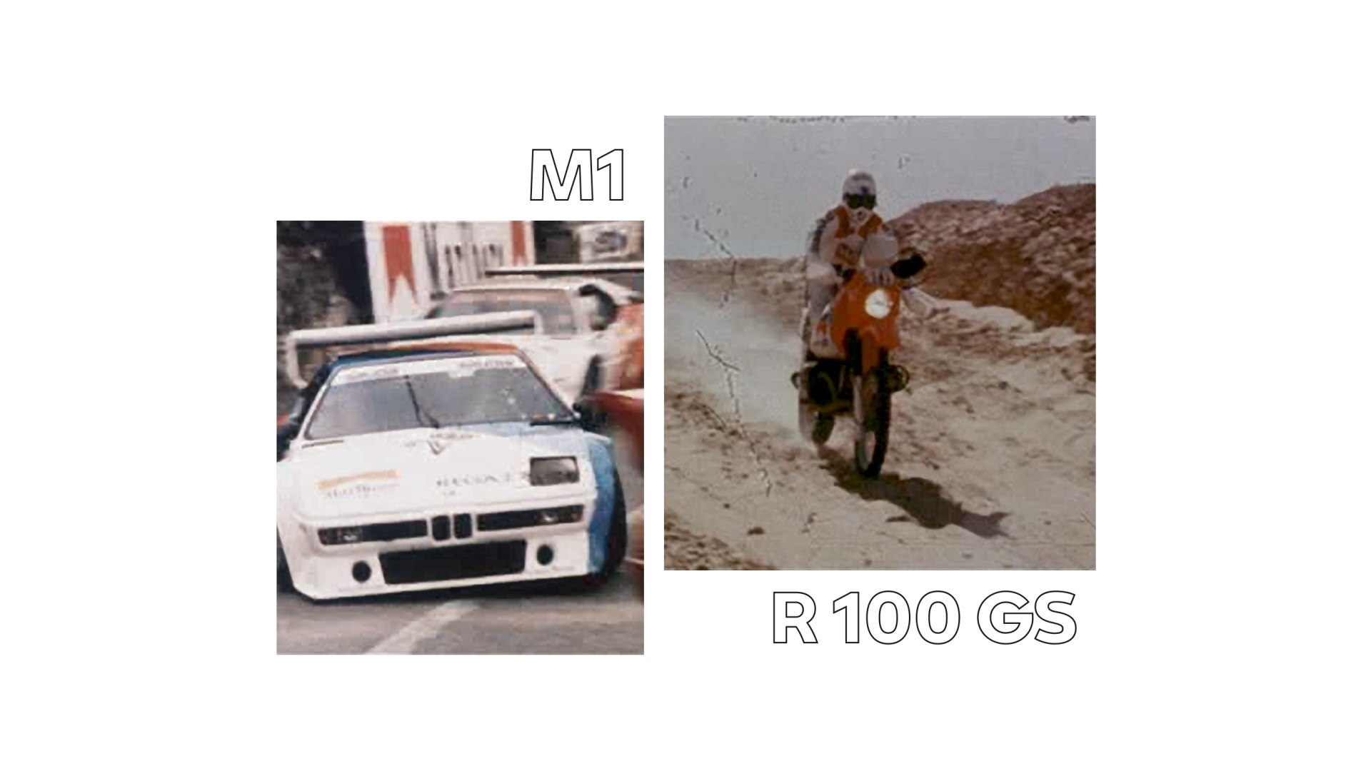 În stânga o fotografie istorică a modelului BMW 3.0 CSL, în dreapta motocicleta BMW R 90 S a lui Helmut Dähne.