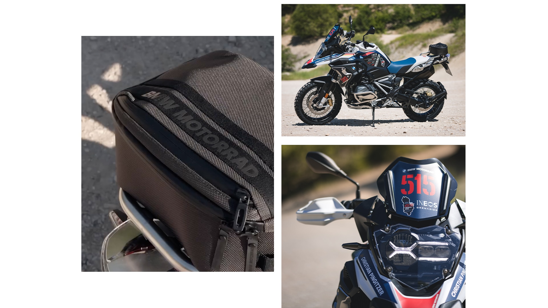 Fotografii detaliate ale motocicletei, cum ar fi protecția motorului, precum și geamul de protecție al luminii frontale și motocicleta din profil