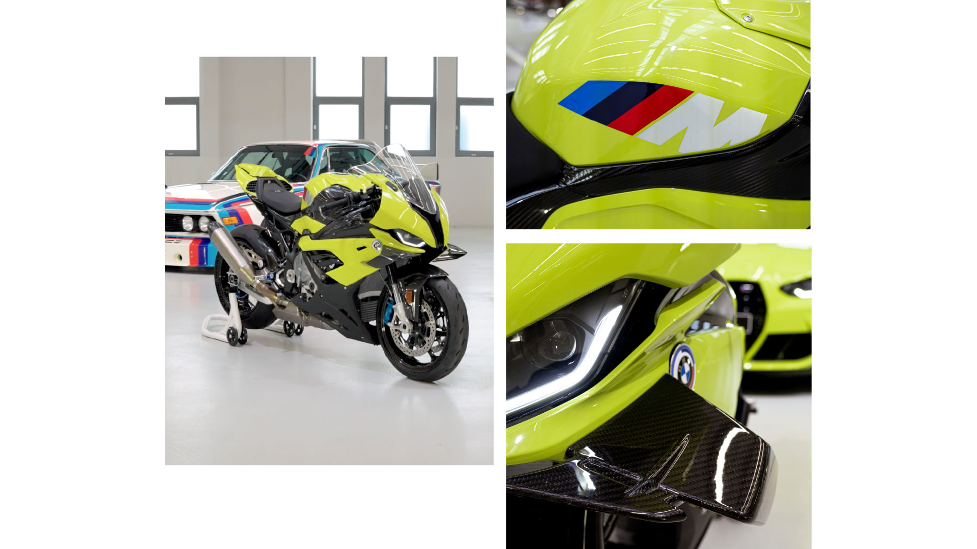 Vedere din față a modelului M RR 50 Years M. Ușor de recunoscut: aripioarele. Logo-ul BMW M cu cele trei culori emblematice: albastru, albastru închis și roșu, înclinate dinamic înspre albul M