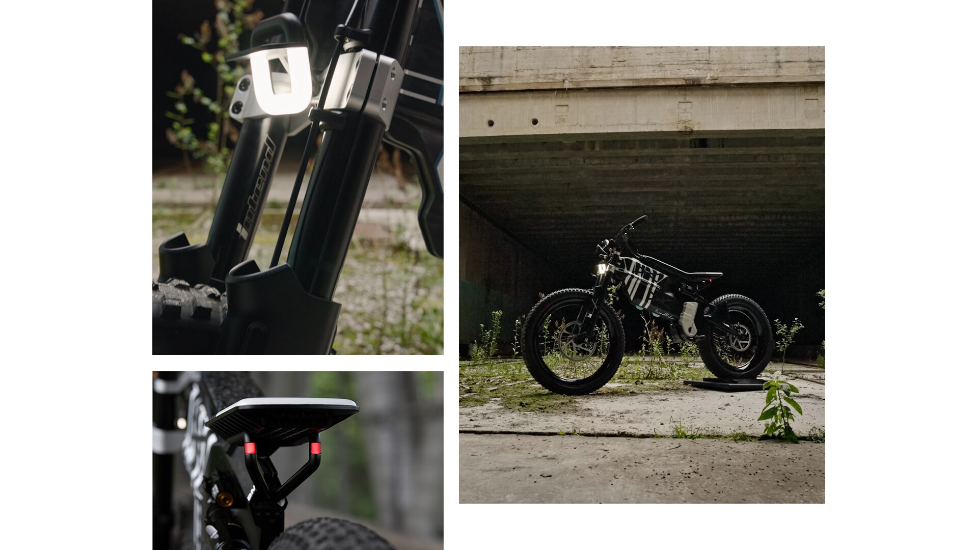 BMW Motorrad Vision AMBY, cu aspectul său extraordinar și anvelopele masive cu crampoane, pe amplasamentul unei fabrici abandonate.