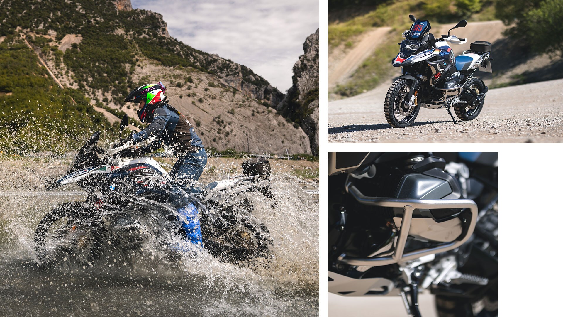 Motocicletă Int. GS Trophy din diferite perspective și la viteză maximă prin apă.