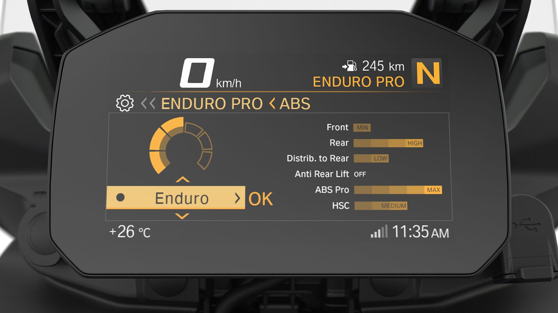 We see the Pro riding modes display in the F 850 GS TFT display.