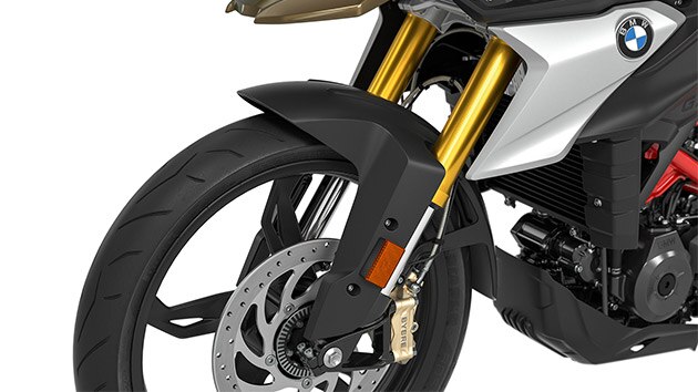 În imagine vedem furca inversă eloxată în nuanță aurie de la modelul G 310 GS.