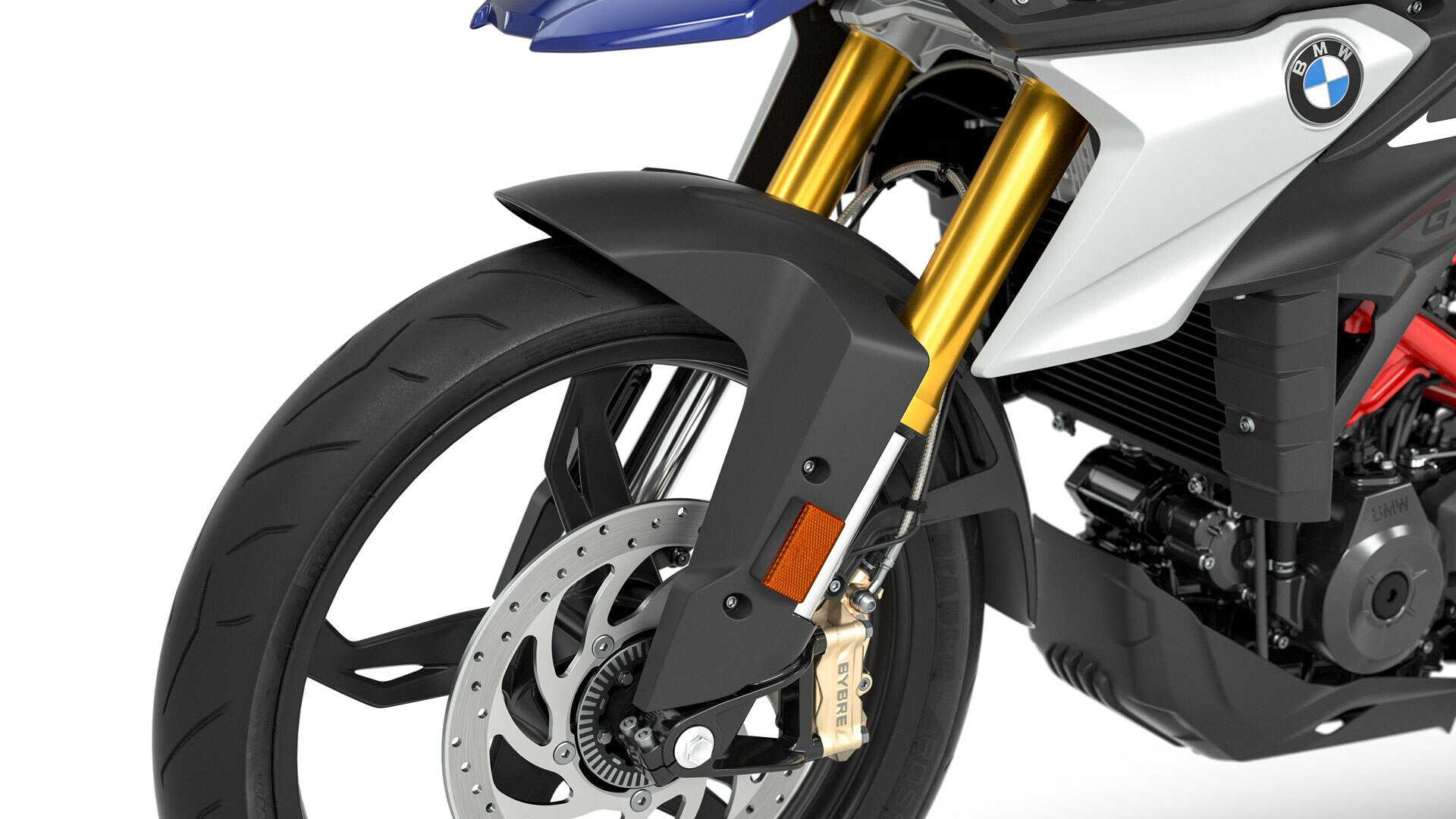 În imagine vedem furca inversă eloxată în nuanță aurie de la modelul G 310 GS.