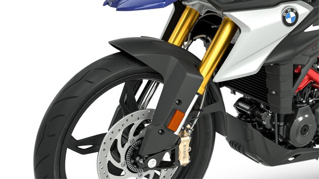 În imagine vedem furca inversă eloxată în nuanță aurie de la modelul G 310 GS.