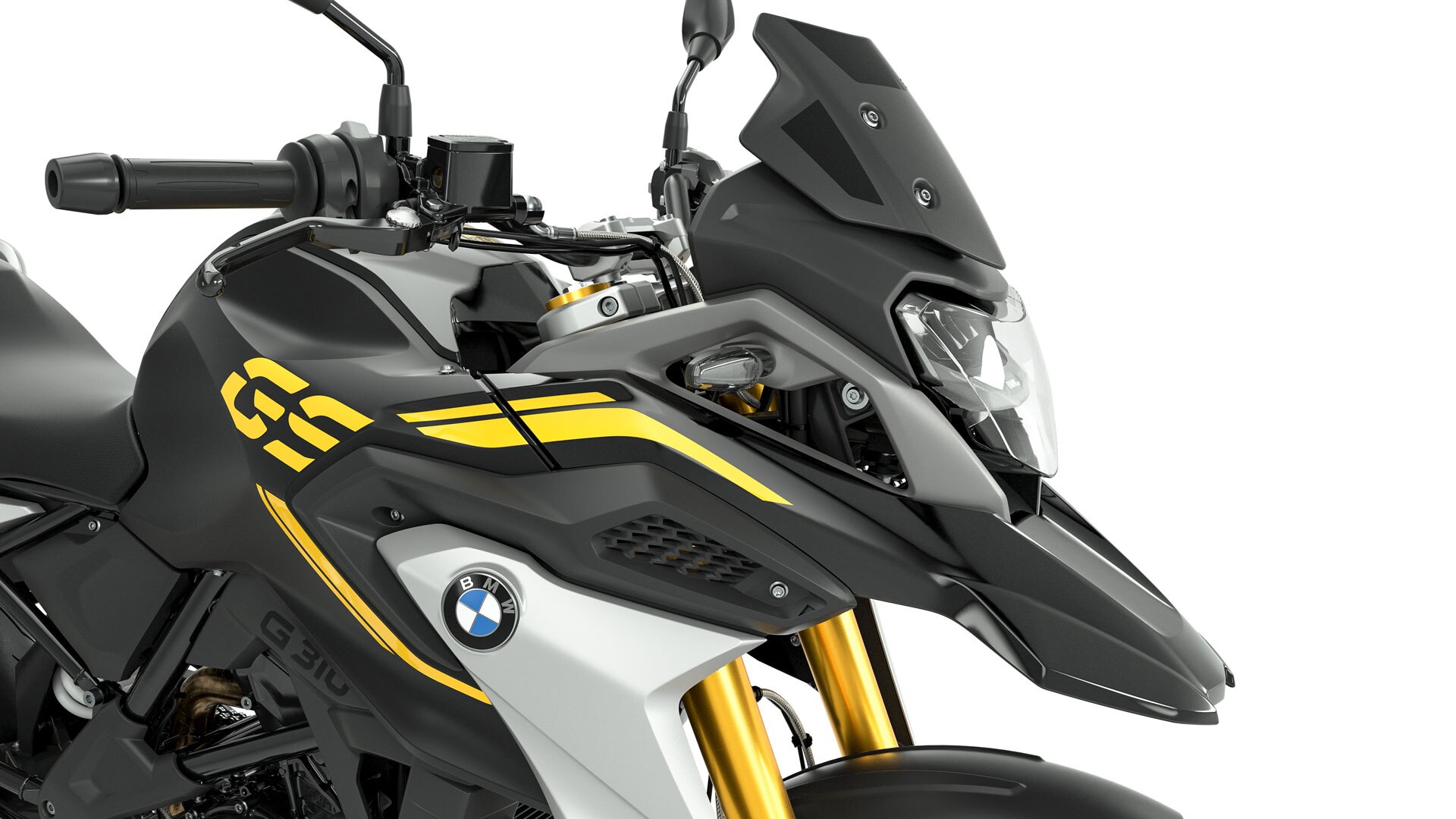 În imagine vedem lateralul părții din față a modelului G 310 GS, cu accent pe parbrizul în nuanță de negru.