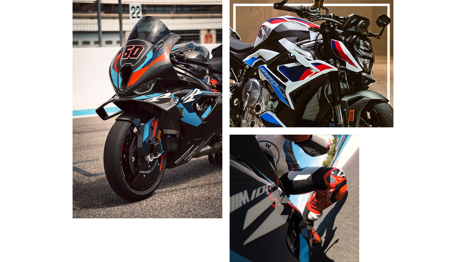 Colaj cu fotografii ale modelelor M 1000 RR și M 1000 R în mers.