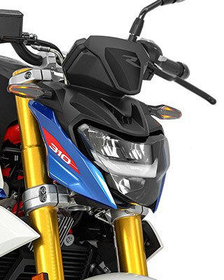 În imagine vedem farul și semnalizatoarele cu leduri standard pentru modelul G 310 R.