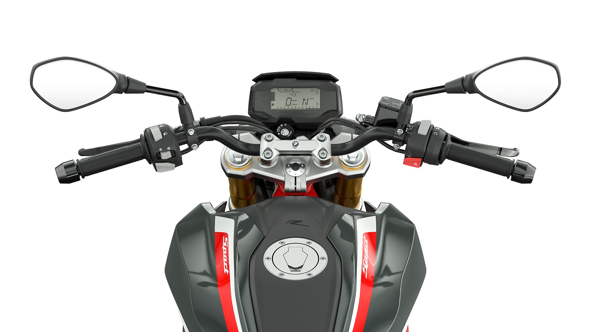În imagine vedem ghidonul și elementele de comandă ale modelului G 310 R.