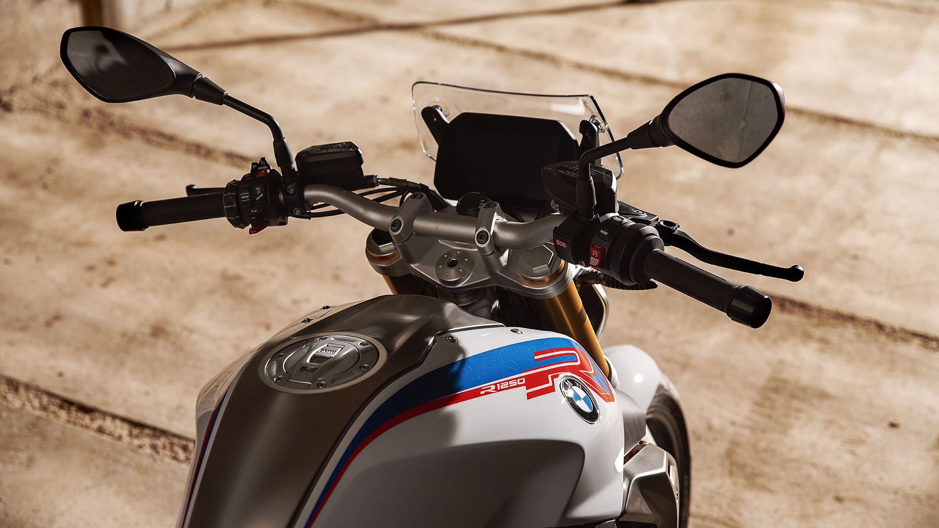 BMW R 1250 R with view of tank, handlebars and display