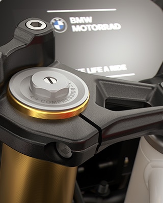 Furca inversată de 43 mm, de culoare aurie, a modelului F 450 RR de la BMW Motorrad