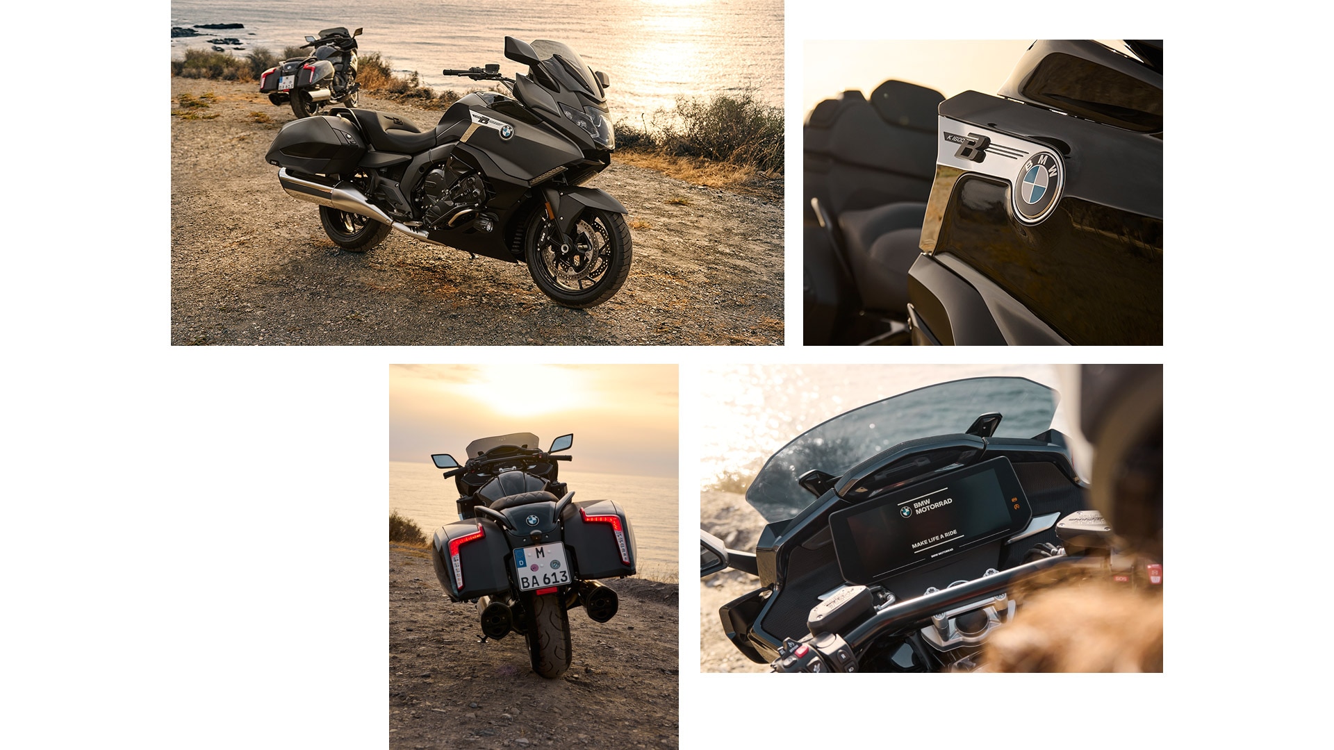 Colaj din patru imagini. Sus stânga modelul K 1600 B în perspectivă laterală, stânga jos vedere din spate. Dreapta sus focalizare pe inscripția Bagger, dreapta jos focalizare pe cockpit.