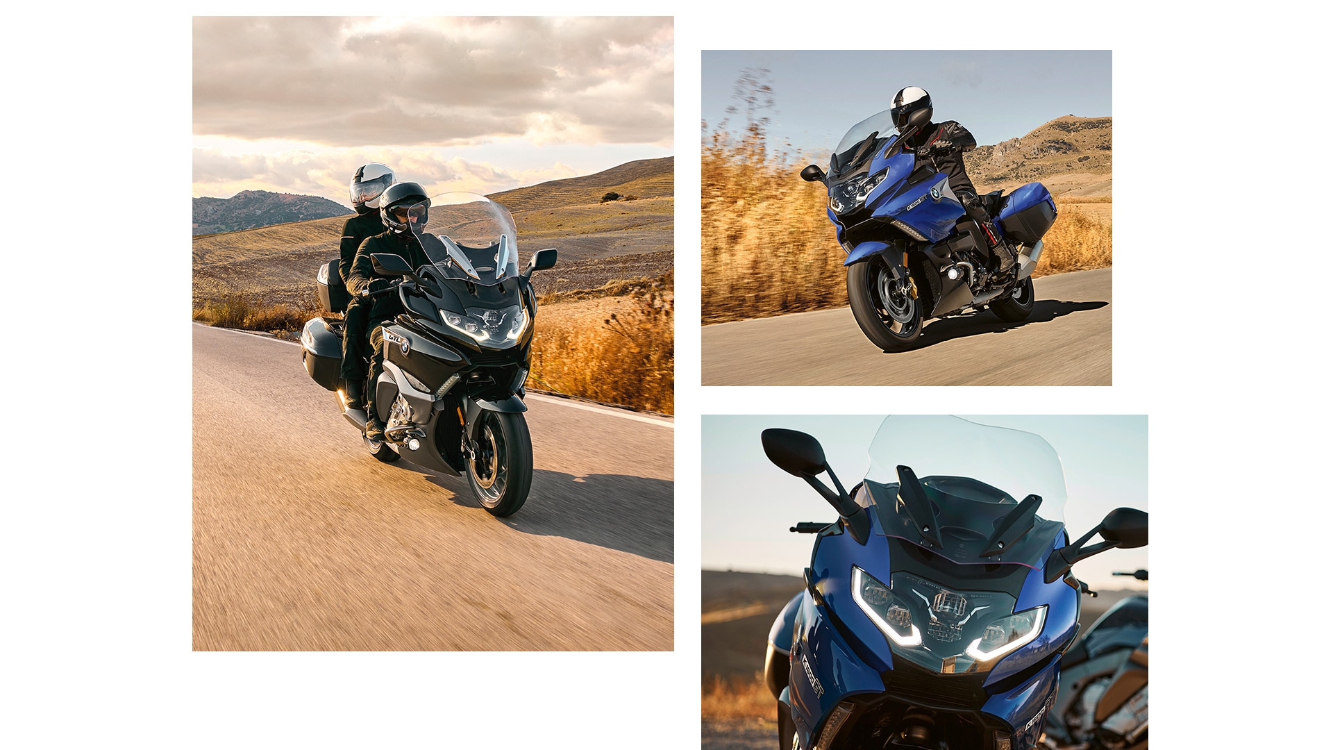 Colaj din trei imagini cu modelul K 1600 GT în Style Sport. În stânga o fotografie cu modelul în mers, în dreapta sus un viraj dinamic, dreapta jos focalizare pe partea din față cu faruri cu leduri.