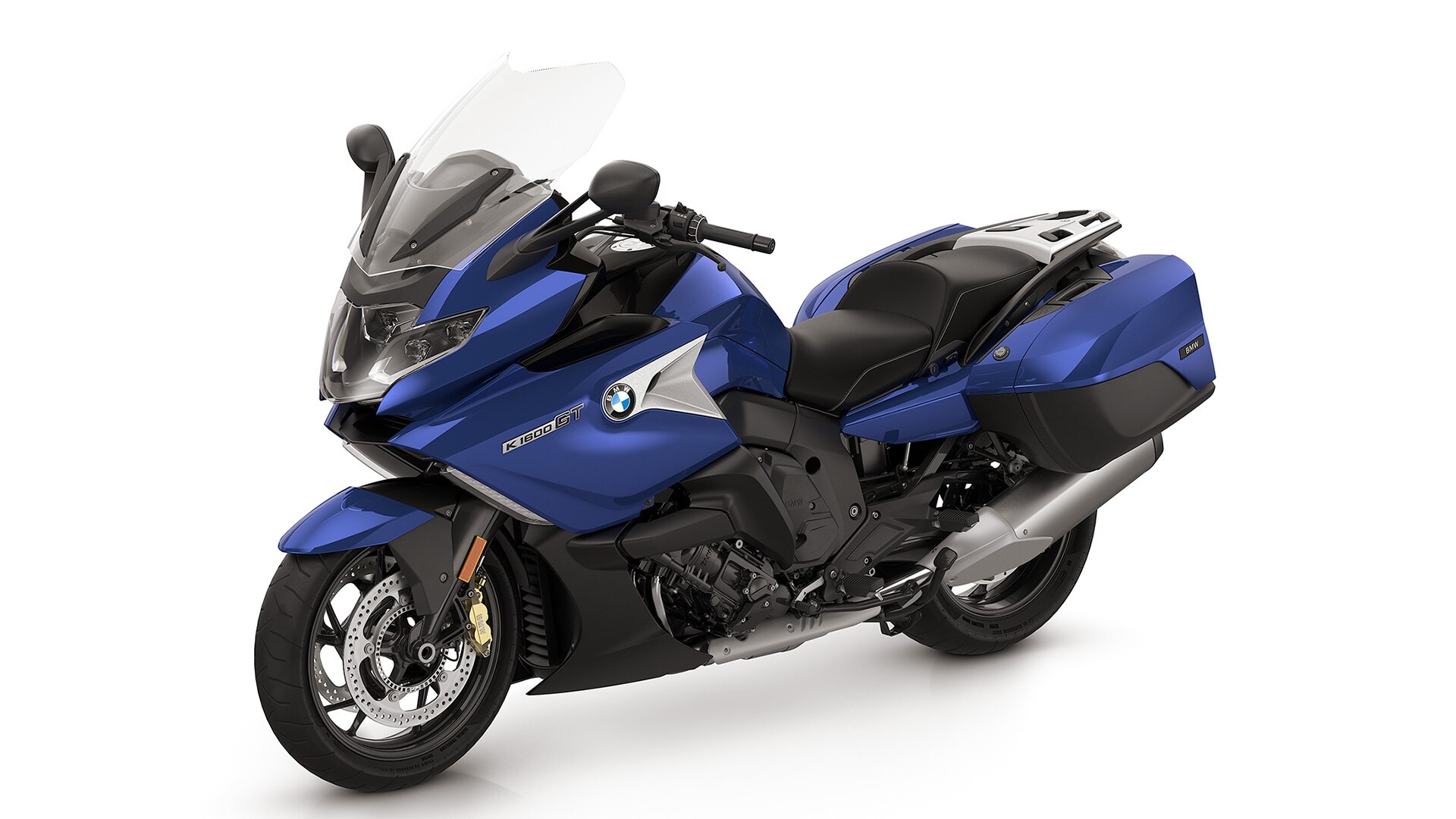 Modelul K 1600 GT în alb Light uni/albastru Racing metalizat/roșu Racing uni.